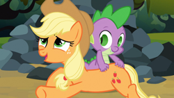 Size: 1680x945 | Tagged: safe, screencap, applejack, spike, dragon, earth pony, pony, spike at your service, back scratching, butt touch, female, hand on butt, lip bite, male, mare, open mouth, out of context, scratching