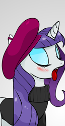 Size: 940x1823 | Tagged: safe, artist:zev, edit, rarity, pony, unicorn, blushing, censorship, cropped, solo, tongue out