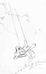 Size: 633x1000 | Tagged: safe, artist:tomatocoup, derpy hooves, pony, monochrome, solo, swing, upside down