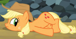 Size: 568x288 | Tagged: safe, screencap, applejack, earth pony, pony, spike at your service, female, mare, prone, solo