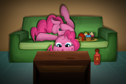 Size: 1000x663 | Tagged: dead source, safe, artist:xioade, pinkie pie, earth pony, pony, bored, bottle, cupcake, hot sauce, remote, remote control, sofa, solo, television, upside down