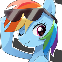 Size: 1375x1375 | Tagged: safe, artist:ryuu, derpibooru import, rainbow dash, pegasus, pony, bust, female, glasses, looking at you, mare, one eye closed, portrait, smiling, solo, starry eyes, sunglasses, wingding eyes, wink