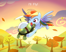 Size: 2000x1600 | Tagged: safe, artist:ryuu, derpibooru import, rainbow dash, tank, pegasus, pony, tortoise, autumn, cloud, female, flying, i'll fly, leaves, mare, one eye closed, open mouth, sky, smiling, spread wings, sunset, tree, wings