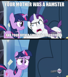 Size: 1280x1440 | Tagged: safe, derpibooru import, edit, edited screencap, screencap, rarity, twilight sparkle, pony, unicorn, games ponies play, hub logo, insulting rarity, meme, monty python, monty python and the holy grail