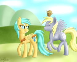 Size: 1000x800 | Tagged: safe, artist:srk-ares, derpy hooves, sunshower raindrops, pegasus, pony, bread, female, mare, muffin