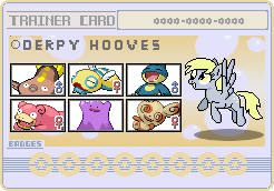 Size: 246x172 | Tagged: safe, artist:seaandsunshine, derpy hooves, pegasus, pony, ditto, dunsparce, female, mare, munchlax, pokémon, slowpoke, slowpoke (pokémon), spinda, stunfisk, trainer card