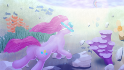 Size: 1200x675 | Tagged: safe, artist:h2o, pinkie pie, earth pony, pony, pixiv, plot, snorkel, solo, swimming, underwater