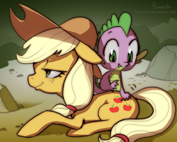 Size: 1134x910 | Tagged: safe, artist:hinoraito, applejack, spike, dragon, earth pony, pony, spike at your service, applespike, female, hand on butt, male, mare, rump scritches, scene interpretation, scratching, shipping, straight