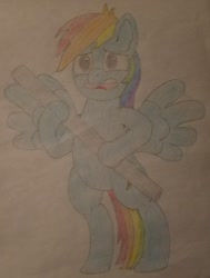 Size: 1037x1374 | Tagged: safe, artist:faintshadow, derpibooru import, rainbow dash, pegasus, pony, female, lead pipe, pipe (plumbing), ponilive, solo, traditional art, weapon