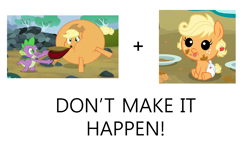 Size: 928x588 | Tagged: safe, applejack, earth pony, pony, babyjack, bellows, don't make it happen, exploitable meme, inflation, make it happen, why