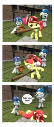 Size: 834x1956 | Tagged: safe, artist:pika-robo, apple bloom, derpy hooves, silver spoon, pegasus, pony, 3d, applebuse, baseball, comic, female, gmod, knock out, mare