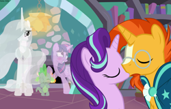 Size: 11406x7318 | Tagged: safe, artist:asika-aida, princess celestia, spike, starlight glimmer, sunburst, twilight sparkle, twilight sparkle (alicorn), alicorn, dragon, pony, unicorn, celestial advice, absurd resolution, and then they all kissed, blushing, female, kissing, male, mare, shipper on deck, shipping, show accurate, smiling, stallion, starburst, straight, there is no wrong way to fantasize, twilight the shipper