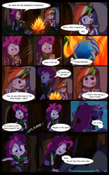 Size: 1024x1638 | Tagged: safe, artist:fj-c, derpibooru import, pinkie pie, rainbow dash, human, belly button, comic, dialogue, fantasy equestria, fire, humanized, midriff, pony coloring