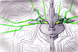 Size: 1224x824 | Tagged: safe, artist:longtailshort, queen chrysalis, changeling, changeling queen, artificial intelligence, cooler (dbz), crossover, dragon ball z, fangs, female, gete star, metal cooler, shodan, solo, system shock 2