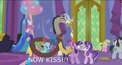 Size: 1911x1018 | Tagged: safe, edit, edited screencap, screencap, apple bloom, berry punch, berryshine, bon bon, cherry berry, daisy, discord, flower wishes, linky, lucky clover, scootaloo, shoeshine, starlight glimmer, sweetie belle, sweetie drops, twilight sparkle, twilight sparkle (alicorn), alicorn, pony, celestial advice, discovery family logo, equestrian pink heart of courage, image macro, meme, now kiss