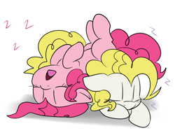 Size: 950x721 | Tagged: safe, artist:lustrous-dreams, pinkie pie, surprise, earth pony, pony, g1, g1 to g4, generation leap, on back, open mouth, pony pile, sleeping, z, zzz