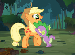 Size: 748x545 | Tagged: safe, screencap, applejack, spike, dragon, earth pony, pony, spike at your service, female, hug, male, mare