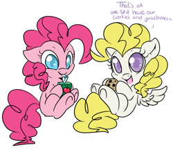 Size: 950x835 | Tagged: safe, artist:lustrous-dreams, pinkie pie, surprise, earth pony, pegasus, pony, g1, adoraprise, cookie, cute, dialogue, diapinkes, drink, drinking, filly, floppy ears, g1 to g4, generation leap, juice box, looking at you, simple background, sitting, smiling, straw, underhoof, white background, younger