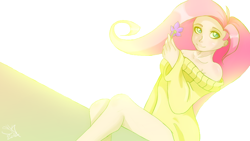 Size: 848x478 | Tagged: safe, fluttershy, clothes, flower, humanized, solo, sweater, sweatershy