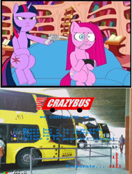 Size: 412x541 | Tagged: safe, derpibooru import, pinkie pie, twilight sparkle, earth pony, pony, crazy bus, exploitable meme, gun meme