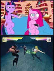 Size: 412x541 | Tagged: safe, derpibooru import, pinkie pie, twilight sparkle, earth pony, pony, aquaman battle for atlantis, exploitable meme, gun meme