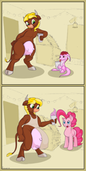 Size: 1860x3680 | Tagged: safe, artist:rubiont, pinkie pie, oc, oc:buttercup, oc:fidget tail, cow, dracony, dragon, hybrid, minotaur, pony, a dairy merry christmas, apron, bulges, clothes, comic, fetish, food, ice cream, ice cream shop, link in description, non-fatal vore, pink, shop, story included, udder, udder bulge, udder vore, vore