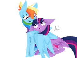 Size: 1024x768 | Tagged: safe, artist:tulleruby, derpibooru import, rainbow dash, twilight sparkle, twilight sparkle (alicorn), alicorn, pegasus, pony, female, lesbian, looking at each other, mare, shipping, simple background, snuggling, transparent background, twidash