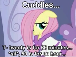 Size: 325x244 | Tagged: safe, edit, edited screencap, screencap, fluttershy, pegasus, pony, caption, cuddling, female, floppy ears, frown, gritted teeth, image macro, looking away, mare, nervous, prostitute, prostitution, scared