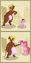 Size: 1860x3680 | Tagged: safe, alternate version, artist:rubiont, pinkie pie, oc, oc:buttercup, oc:fidget tail, cow, dracony, dragon, hybrid, minotaur, pony, a dairy merry christmas, bulges, comic, fetish, food, ice cream, ice cream shop, link in description, non-fatal vore, pink, shop, story included, udder, udder bulge, udder vore, vore