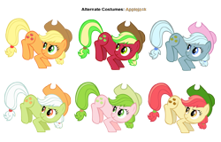 Size: 3600x2300 | Tagged: safe, artist:gurugrendo, artist:pika-robo, apple bumpkin, applejack, applejack (g3), granny smith, red gala, earth pony, pony, g1, g3, g4, alternate costumes, apple family member, bucking, crimson gala, female, g1 to g4, g3 to g4, generation leap, mare, my little pony, palette swap, recolor, vector