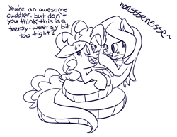 Size: 951x735 | Tagged: source needed, safe, artist:aldente, pinkie pie, oc, earth pony, lamia, original species, pony, constriction, hissing, hug, imminent vore, kitchen eyes, monochrome, squeeze