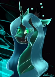 Size: 3508x4961 | Tagged: source needed, safe, artist:dankpegasista, queen chrysalis, changeling, changeling queen, female, glowing eyes, neon, poster, simple background, solo