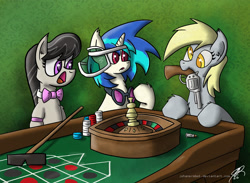 Size: 2791x2040 | Tagged: safe, artist:jorobro, derpy hooves, dj pon-3, octavia melody, vinyl scratch, earth pony, pegasus, pony, casino, female, gambling, gun, mare, mouth hold, pistol, revolver, roulette, russian roulette