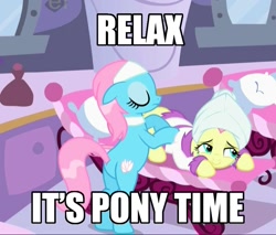 Size: 819x698 | Tagged: safe, edit, edited screencap, screencap, fluttershy, lotus blossom, earth pony, pegasus, pony, green isn't your color, animation error, bipedal, butt, caption, female, image macro, mare, massage, plot, spa