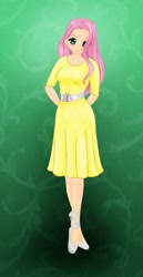 Size: 527x1022 | Tagged: safe, artist:ashleighaleigh, fluttershy, clothes, female, humanized, pink hair, solo