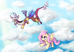 Size: 1000x705 | Tagged: safe, artist:sasha2999, angel bunny, discord, fluttershy, pegasus, pony, discoshy, female, flying, male, shipping, straight