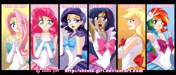 Size: 3736x1605 | Tagged: safe, artist:shinta-girl, derpibooru import, applejack, fluttershy, pinkie pie, rainbow dash, rarity, twilight sparkle, human, anime, armpits, beautiful, bow, clothes, crossed arms, cute, dark skin, dress, ear piercing, element of generosity, element of honesty, element of kindness, element of laughter, element of loyalty, element of magic, elements of harmony, eyeshadow, gloves, group, hair over one eye, humanized, light skin, lipstick, long gloves, looking at you, looking up, makeup, open mouth, peace sign, piercing, sailor moon, sailor scout, sailor uniform, smiling, stars