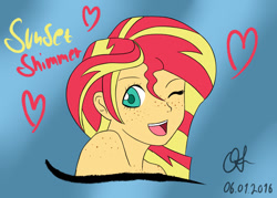 Size: 1280x914 | Tagged: safe, artist:owlisun, sunset shimmer, equestria girls, cute, digital art, freckles, heart, humanized, looking at you, open mouth, solo, wink