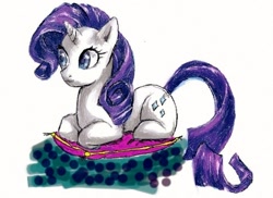 Size: 720x524 | Tagged: safe, artist:atomic-assvomit, rarity, pony, unicorn, cushion, female, mare, purple mane, solo, white coat