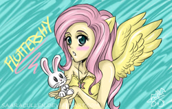 Size: 900x573 | Tagged: safe, artist:saaracullen, angel bunny, fluttershy, blushing, eared humanization, humanized, winged humanization