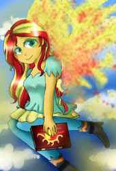 Size: 800x1176 | Tagged: safe, artist:ugardian34, sunset shimmer, equestria girls, book, fiery shimmer, happy, smiling, solo, sunset phoenix