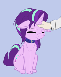 Size: 1996x2488 | Tagged: safe, artist:duop-qoub, starlight glimmer, human, pony, unicorn, blue background, chest fluff, collar, cute, eyes closed, female, floppy ears, glimmerbetes, hand, mare, offscreen character, pet glimmer, petting, pony pet, shoulder fluff, simple background, sitting, solo focus