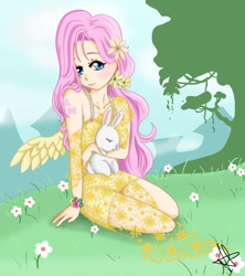 Size: 900x1013 | Tagged: safe, artist:anime234dotcom, angel bunny, fluttershy, clothes, female, humanized, pink hair, solo