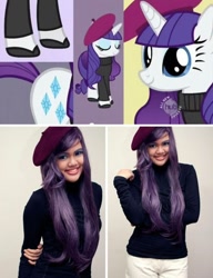 Size: 474x618 | Tagged: safe, artist:patdes, rarity, human, beatnik rarity, beret, clothes, cosplay, hat, irl, irl human, photo, sweater