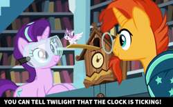 Size: 1275x788 | Tagged: safe, screencap, princess flurry heart, starlight glimmer, sunburst, pony, unicorn, celestial advice, book, caption, clock, clock is ticking, cuckoo clock, goggles, image macro, meme