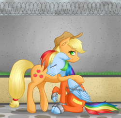 Size: 1903x1848 | Tagged: safe, artist:feaniethemeanie, derpibooru import, applejack, rainbow dash, earth pony, pegasus, pony, chains, clothes, comforting, commission, cowboy hat, crying, eyes closed, freckles, friends, hat, hug, prison outfit, prisoner rd, sad, stetson