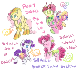 Size: 900x800 | Tagged: safe, artist:otterlore, daisy, flower wishes, fluttershy, lily, lily valley, pinkie pie, rarity, roseluck, earth pony, pegasus, pony, unicorn, clothes, dress, fashion, flower trio, hat, simple background, sketch, snail, snail fashion, white background