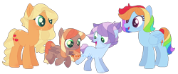 Size: 950x400 | Tagged: safe, artist:wonholy, derpibooru import, applejack, rainbow dash, oc, earth pony, pegasus, pony, appledash, female, lesbian, magical lesbian spawn, offspring, parent:applejack, parent:rainbow dash, parents:appledash, shipping