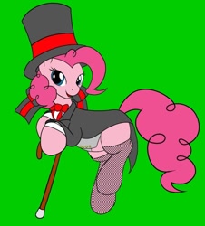 Size: 576x638 | Tagged: safe, artist:btbunny, pinkie pie, earth pony, pony, cane, clothes, fishnets, frock coat, hat, solo, stockings, top hat, tuxedo