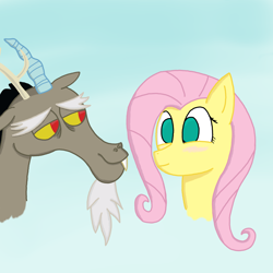 Size: 3000x3000 | Tagged: safe, artist:evillander, discord, fluttershy, draconequus, pegasus, pony, blushing, female, male, mare